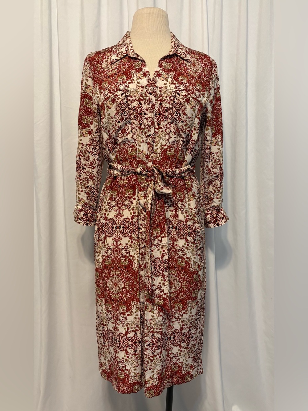 L'AGENCE Cameron Red and Cream Long Sleeve Printed Shirt Midi Silk Dress
